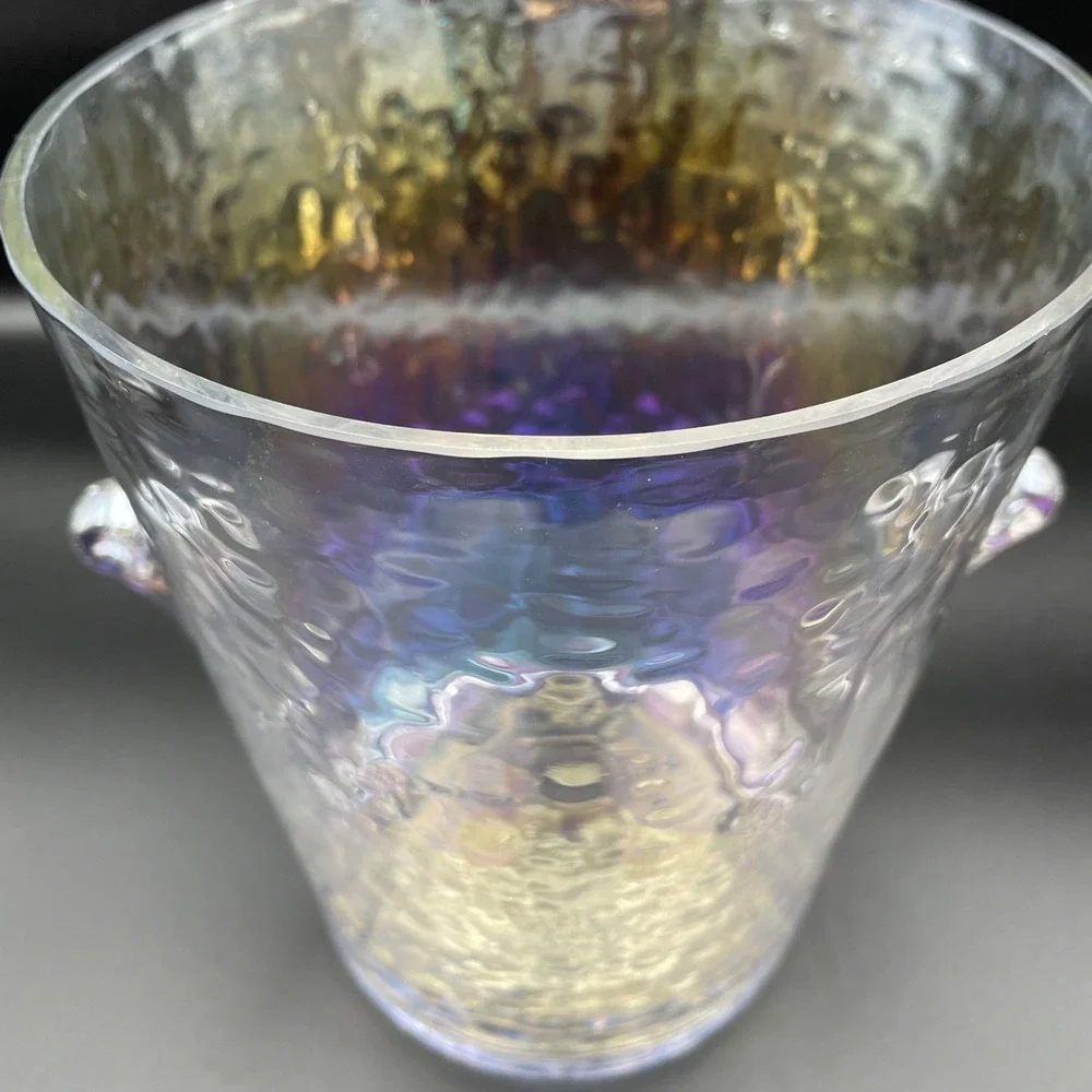 Anthropologie Zaza Iridescent Hammered Glass Ice Bucket Scroll Handles 8.5in H